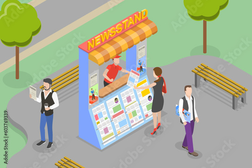 3D Isometric Flat Vector Conceptual Illustration of Newsstand, Press Kiosk