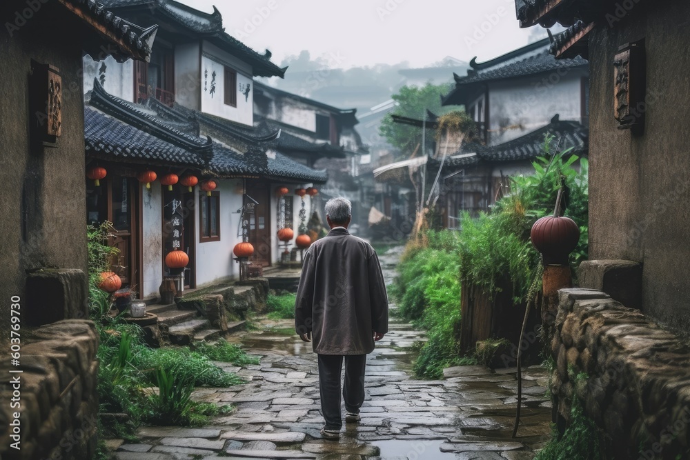 Chinese village person rainy street. Generate Ai