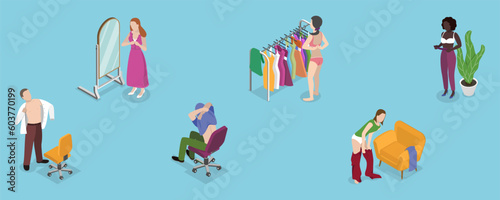 3D Isometric Flat Vector Set of Undressing People  Taking off Clothes