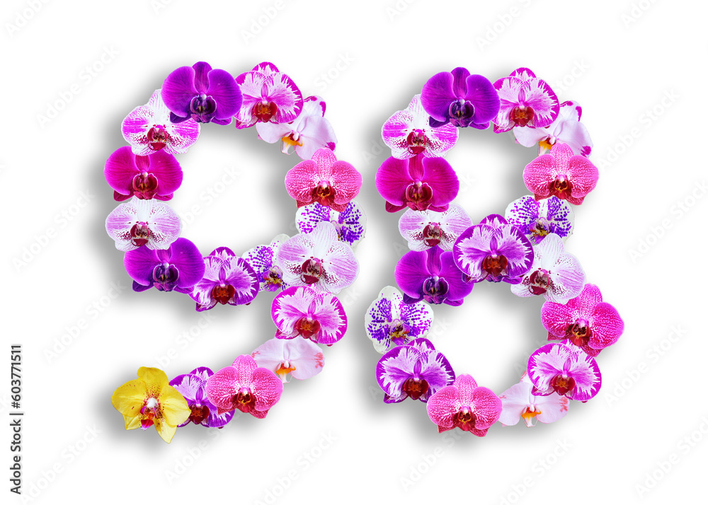 The shape of the number 98 is made of various kinds of orchid flowers. suitable for birthday, anniversary and memorial day templates The shape of the number 98 is made of various kinds of orchid flowers. suitable for birthday, anniversary and memorial day templates