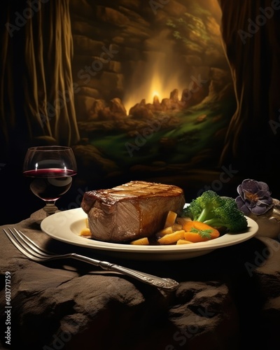 Fototapeta Naklejka Na Ścianę i Meble -  A plate of beef meat with mushroom, vegetables, potato, tomato, shallot and sauce. Generative AI illustration.