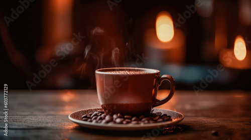 Illustration of a cup of hot chocolate with a blurry environment, creating a cozy atmosphere. Generative AI