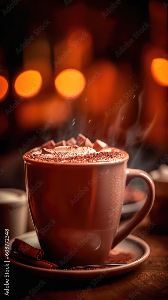 Obraz premium Illustration of a cup of hot chocolate with a blurry environment, creating a cozy atmosphere. Generative AI