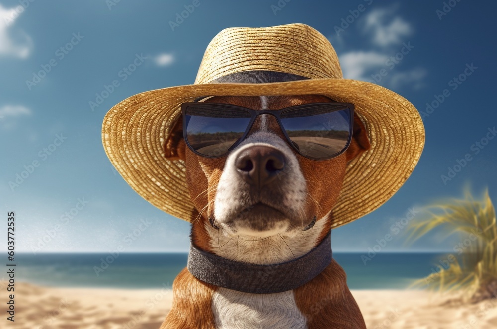 Un perro en la playa con gafas de Sol y sombrero de paja