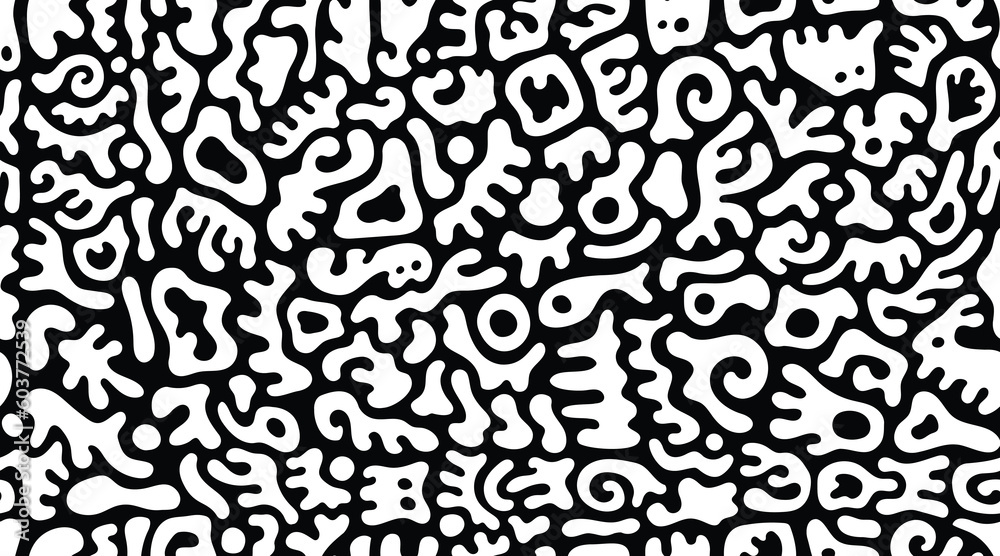 Continuous Seamless Black and White Abstract Gummy Shaped Doodle Pattern
