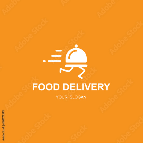 Fast food delivery logo with a running hot dish. Vector illustration. Flat style.