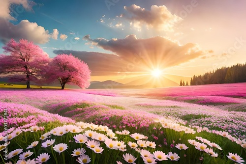 field of flowers in spring by AI generative