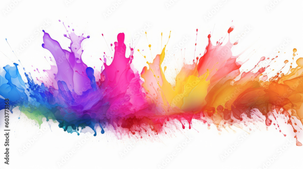 Color liquid ink splash abstract background rainbow art. Rainbow splash collage mix flow drip. Fluid wave color yellow, red, green, blue isolated. Liquid ink palette motion. Generative AI illustration
