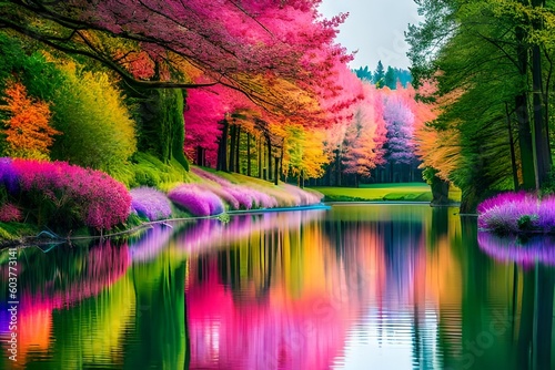 landscape with trees and lake by AI generative