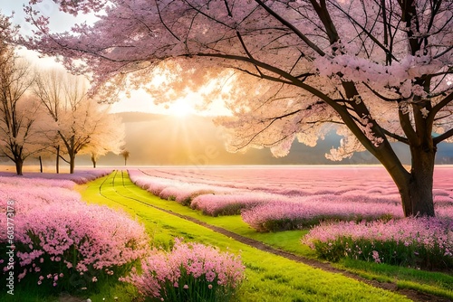 landscape with blooming trees by AI generative