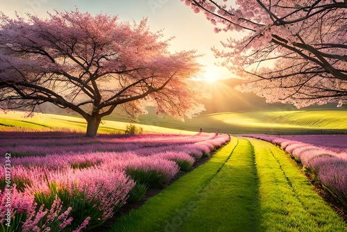 sunset in the field by AI generative