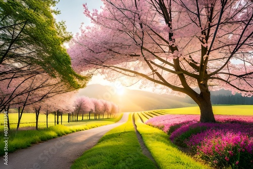 sunset in the field by AI generative