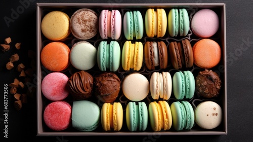 Assortement of different colored macarons created using generative AI tools