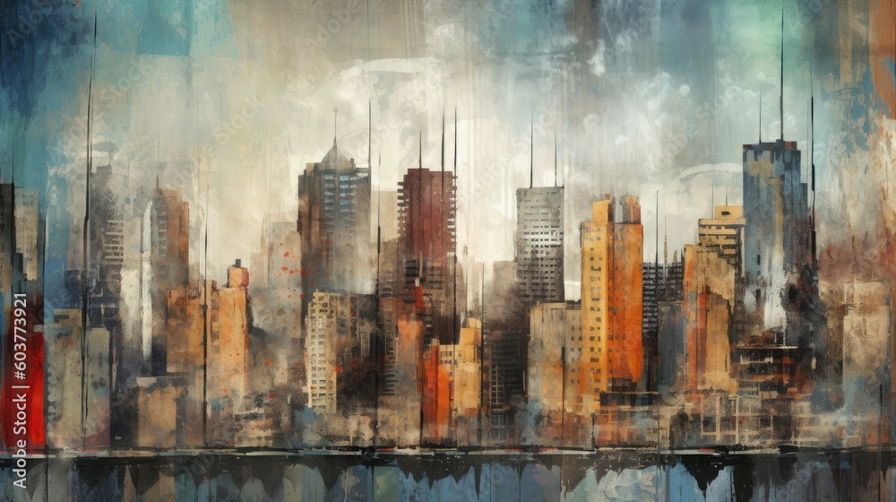 Cityscape in grungy concrete wall texture created using generative AI tools