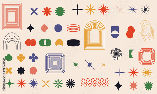 Swiss bauhaus y2k brutalist elements. Abstract geometric shapes, contemporary flower, star figures. Vector memphis design, primitive element set
