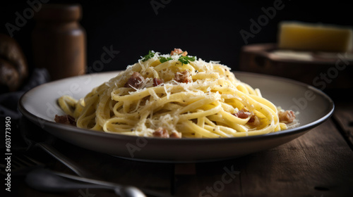 Pasta Carbonara on a Rustic Table