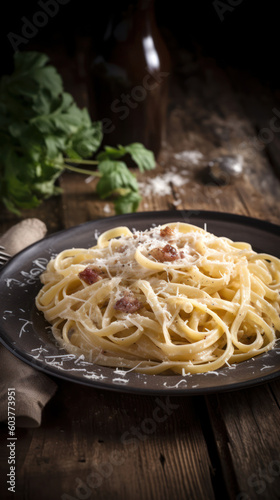 Pasta Carbonara on a Rustic Table