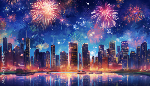 Vibrant illustration showcasing a fireworks display against the backdrop of a city skyline. Capture the energy and excitement of the celebration as fireworks light up the night sky, reflecting on near