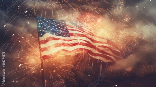 American flag star spangled banner waving, fireworks in background using AI