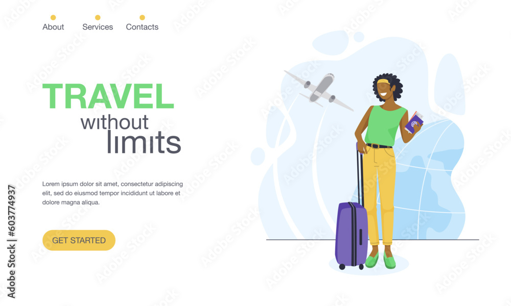 Travel landing page vector template. Travel without limits. A black woman stands with a passport, ticket and luggage. Adventure, travel or relocation services concept Travel landing page vector template. Travel without limits. A black woman stands with a passport, ticket and luggage. Adventure, travel or relocation services concept