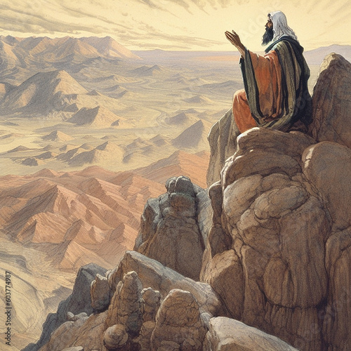 Moses receiving the ten commandments at Mount Sinai, religion and faith, prophet of judaism and christianity, generative AI
 photo