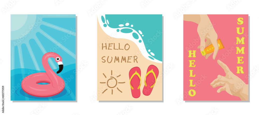 Postcard, banner, poster. Summer together with: sun, sea, ocean, sand, hands, flamingos, flip flops, slippers and cream. Vector illustration in flat design EPS10.