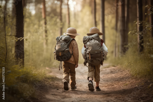 Boys on a forest road with backpacks
