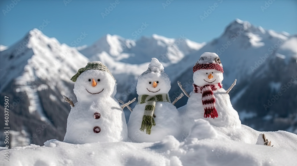 Happy snowmans in mountain