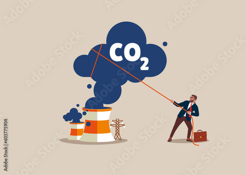 Businessman pulling the Carbon, Reducing CO2 Level. Stop air pollution, co2 , ecological problems. Cutting harmful industry emissions. Modern vector illustration in flat style