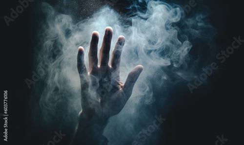 human hand in smoke on a dark background