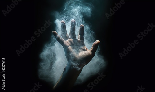 human hand in smoke on a dark background