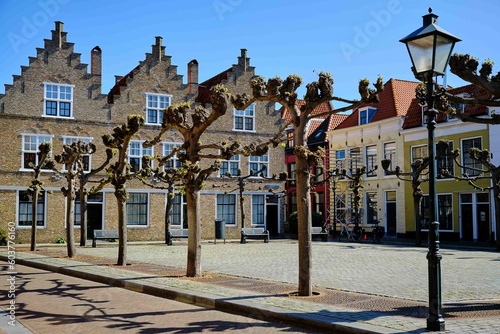 Typical old Duch houses in the town Vlissingen around a square with trees