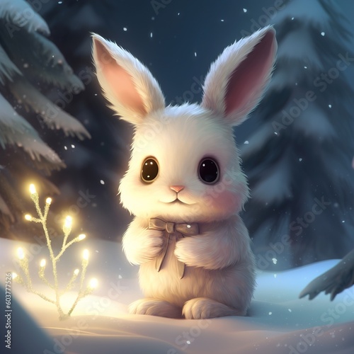 bunny celebrating christmas and new year on the background of fabulous winter forest, christmas card with xmas tree. Generative AI