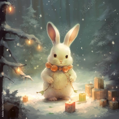 bunny celebrating christmas and new year on the background of fabulous winter forest, christmas card with xmas tree. Generative AI © Irina
