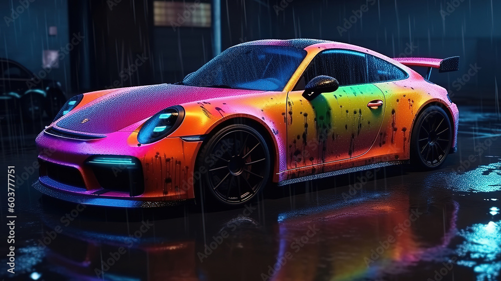 The car is hidden from a bad weather, Bright color. Generative ai