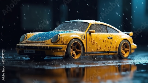 Car front view in a flood rainy season vector illustration. Generative ai