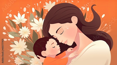 Illustration of mother with her little child  flower in the background