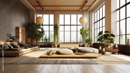 Large living room with elements of elements of Japanese design like minimalism