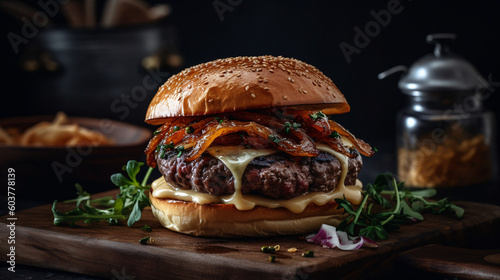 A succulent Wagyu beef burger grilled to perfection, topped with melted Gruyere cheese, caramelized onions, and crispy bacon, all nestled between a toasted brioche bun, Generative AI, Generativ, KI