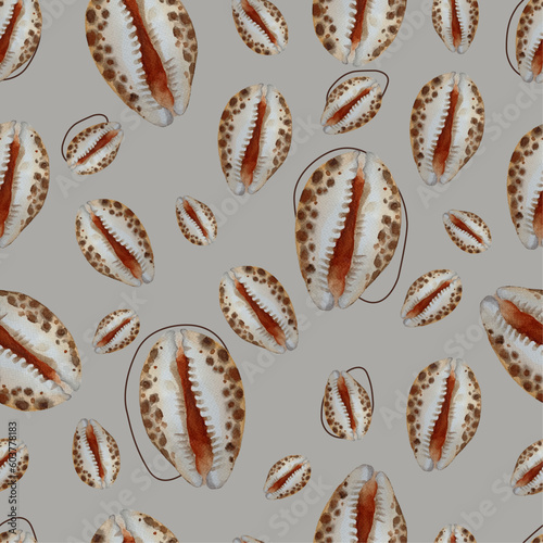 Tableau sur toile Watercolor cowrie sea shell  seamless pattern.