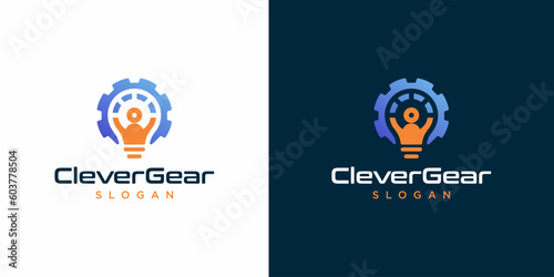 clever gear logo design combination gear people and lightbulb, icon vector element.