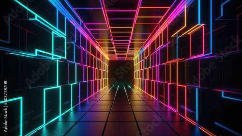 Abstract background with neon squares with Light Lines Moving Fast. Generative ai