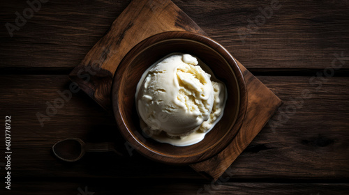 Vanilla Ice Cream in a Bowl on a Rustic Table