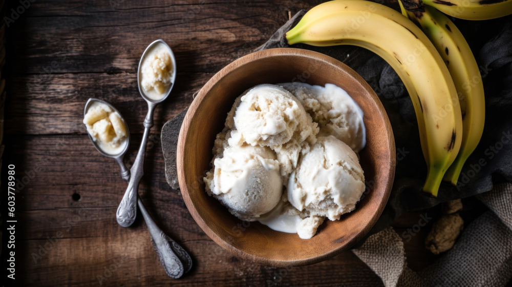 Banana Ice Cream in a Bowl on a Rustic Table Banana Ice Cream in a Bowl on a Rustic Table