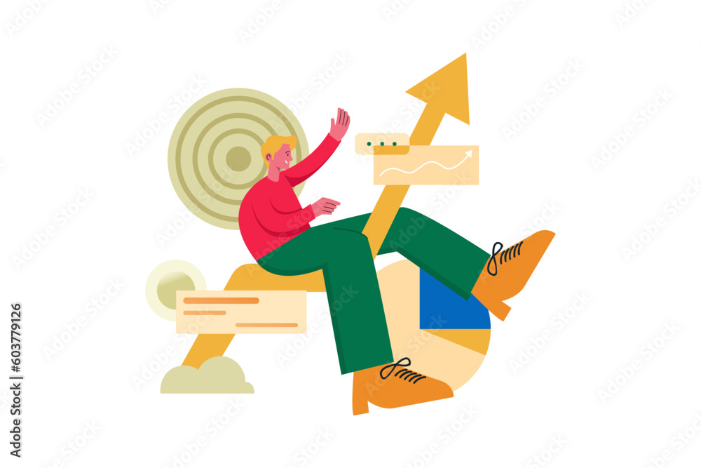 Businessman Sitting On Upward Line With Target and Graph Vector illustration Design Concept Businessman Sitting On Upward Line With Target and Graph Vector illustration Design Concept