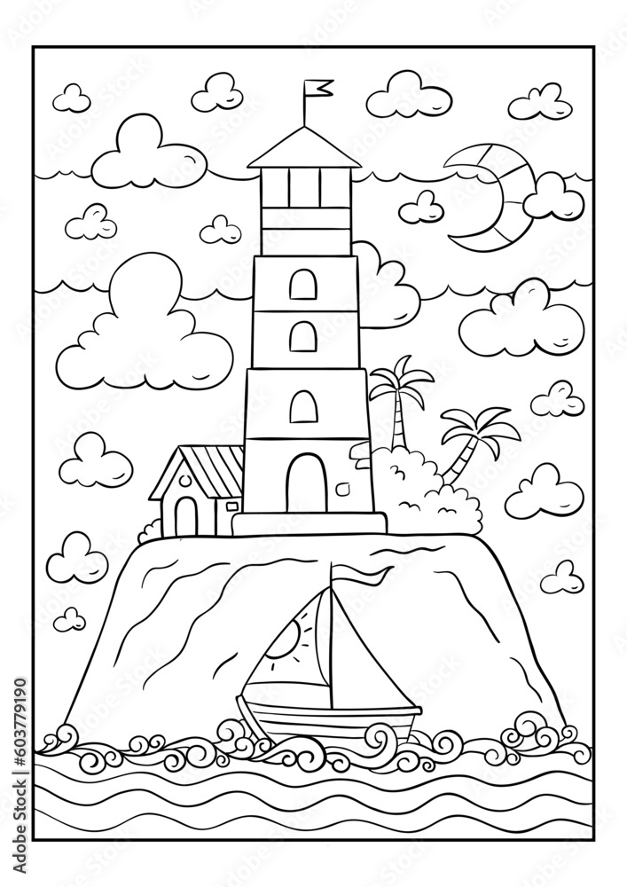 Lighthouse on the island. A ship sails by the island. Black and white vector illustration for coloring book.
