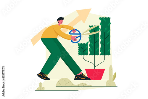 businessman cutting leaves on growing green investment plant vector Illustration design concept