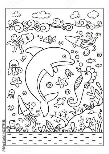 There is a large dolphin under water, around it swim fish, octopuses, octopuses, cuttlefish, starfish, sea horse. Black and white vector illustration for coloring book.