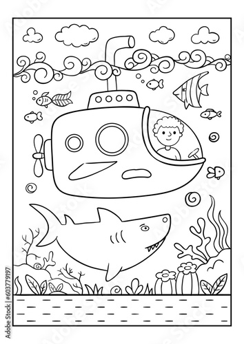 A submarine floats under water. A shark is hiding below the coral reefs. Black and white vector illustration for coloring book.