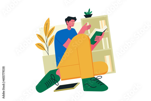 man sitting in the library and reading a book for study and literature vector illustration design